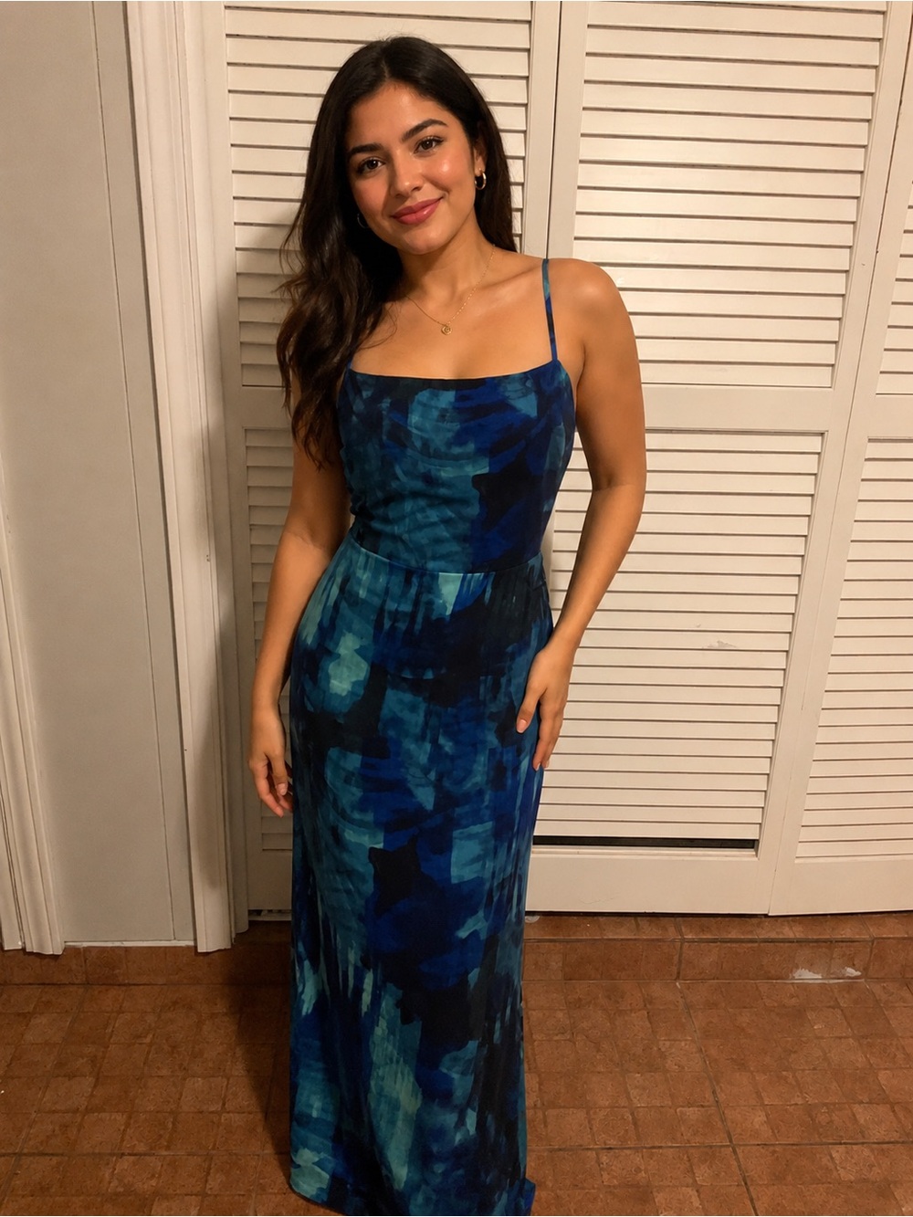 connected apparel Blue Multiprint Spaghetti-Strap Maxi Dress